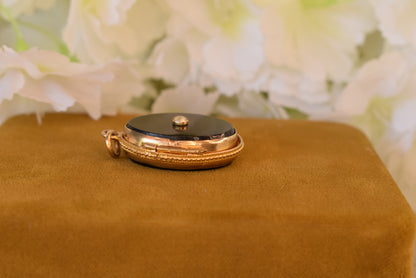 Antique 19th Century Black Onyx Pearl Locket – Gold Plated Brass Photo Locket – Victorian Keepsake Pendant