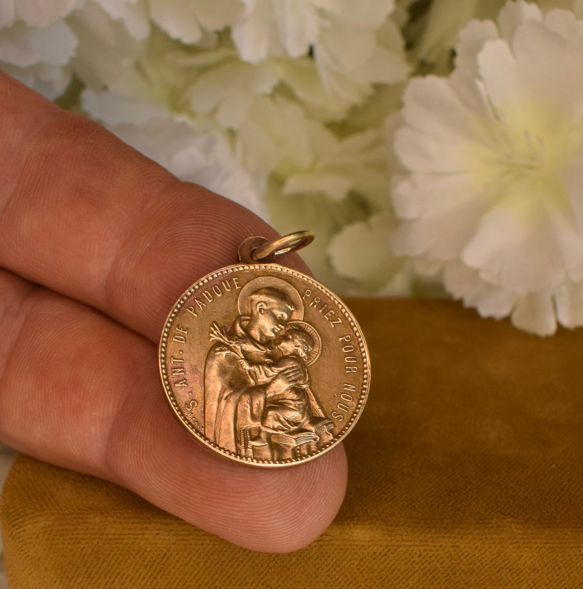 Antique Bronze Gold-Plated Medal Signed L. Penin Miraculous Virgin Mary Saint Anthony of Padua 19th Century