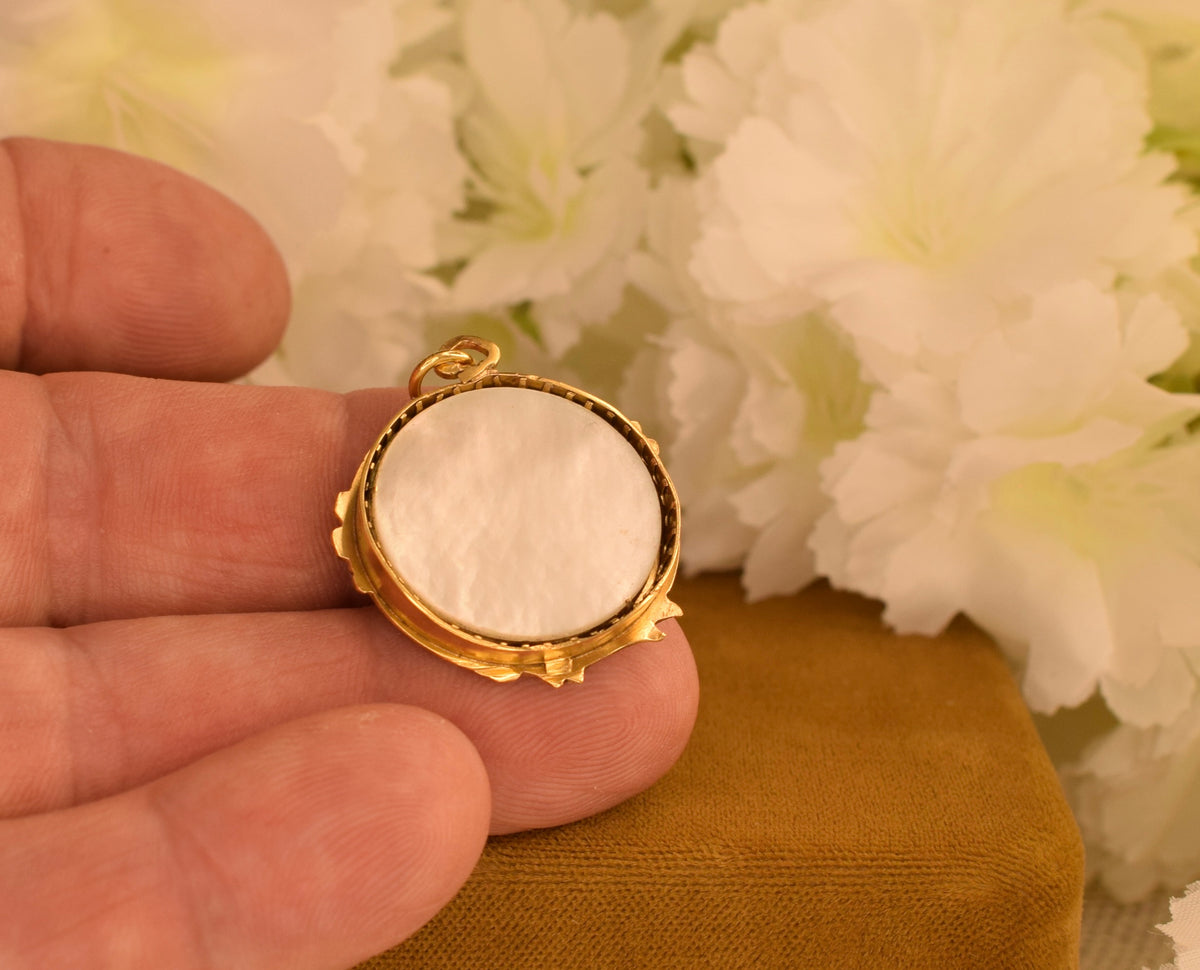 Rare Antique FIX Photo Locket Pendant – French Art Nouveau – Gold Filled – Mother of Pearl – Circa 1900
