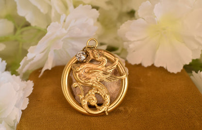 Large Gold-Plated Art Nouveau Medallion with Chimera Motif, Round Openwork Rhinestone Pendant, Antique Collector's Jewelry 34mm