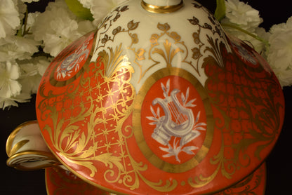 Le Tallec Paris Covered Bouillon Cup & Saucer, Hand Painted Porcelain, Coral Gold Musical Trophies, Tiffany Style, French Antique