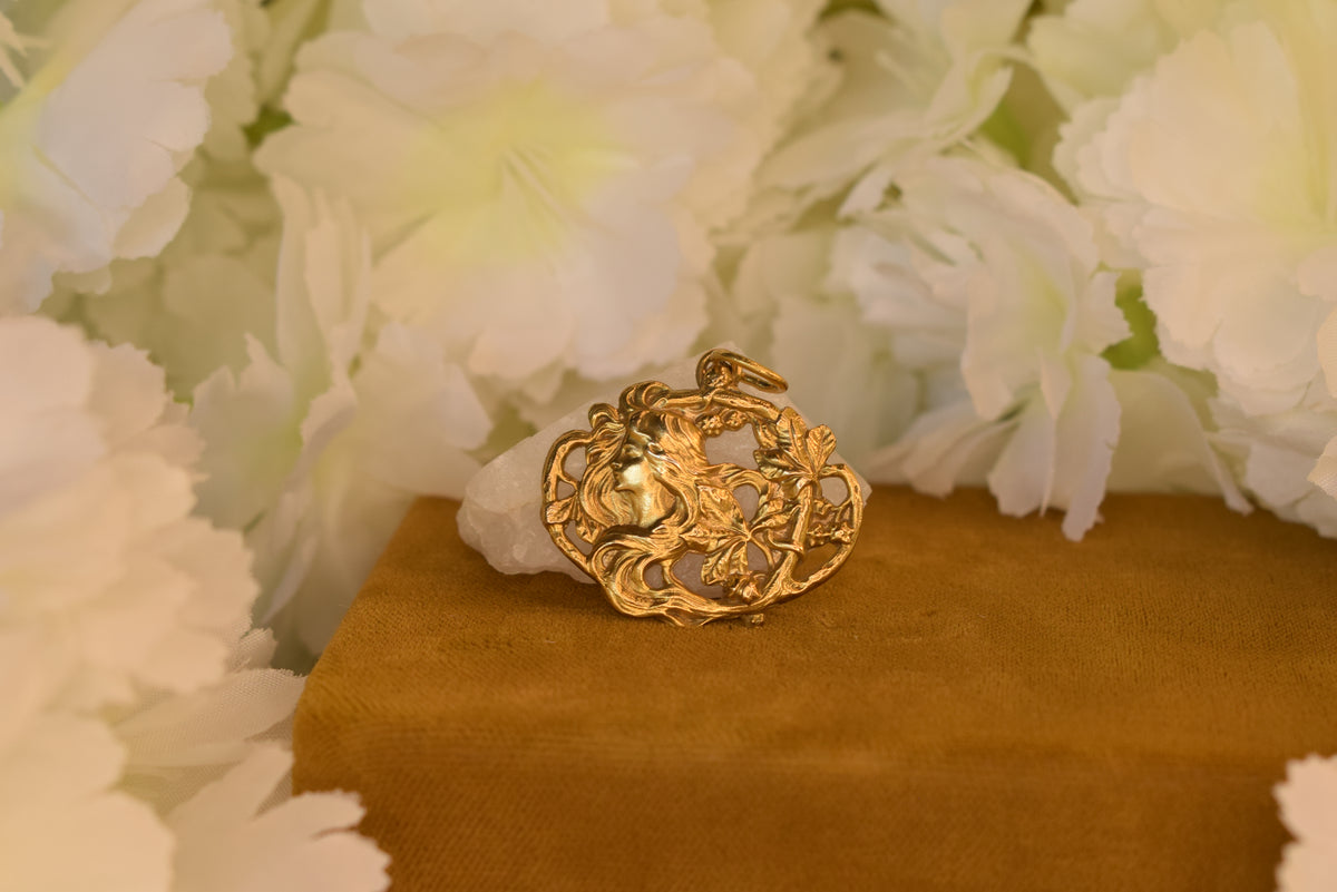 Antique Art Nouveau Pendant – Lady & Flowers – Gold Plated Metal – French Belle Époque c.1900