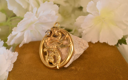 Large Gold-Plated Art Nouveau Medallion with Chimera Motif, Round Openwork Rhinestone Pendant, Antique Collector's Jewelry 34mm