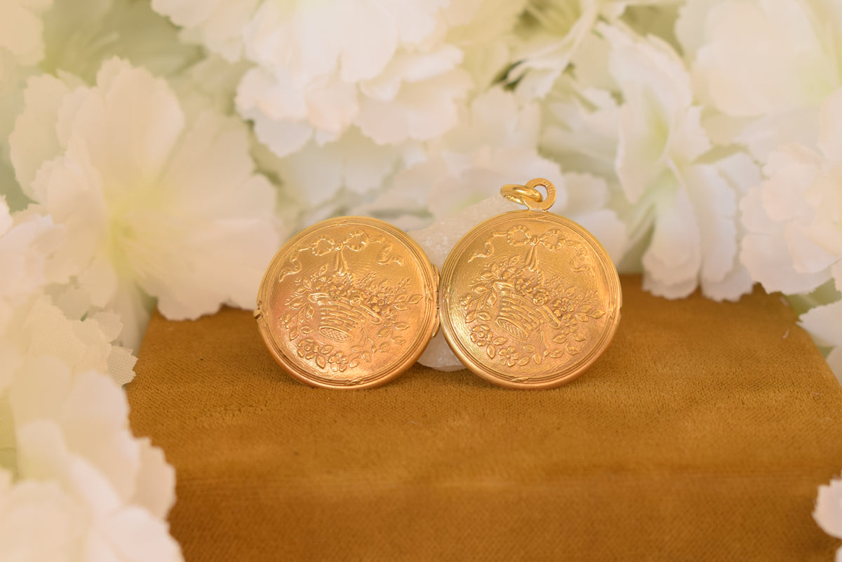 Antique ORIA Gold Filled Photo Locket – French Floral Keepsake Locket – Flower Basket – Belle Époque c.1900-1920