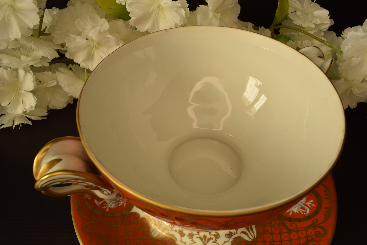 Le Tallec Paris Covered Bouillon Cup & Saucer, Hand Painted Porcelain, Coral Gold Musical Trophies, Tiffany Style, French Antique