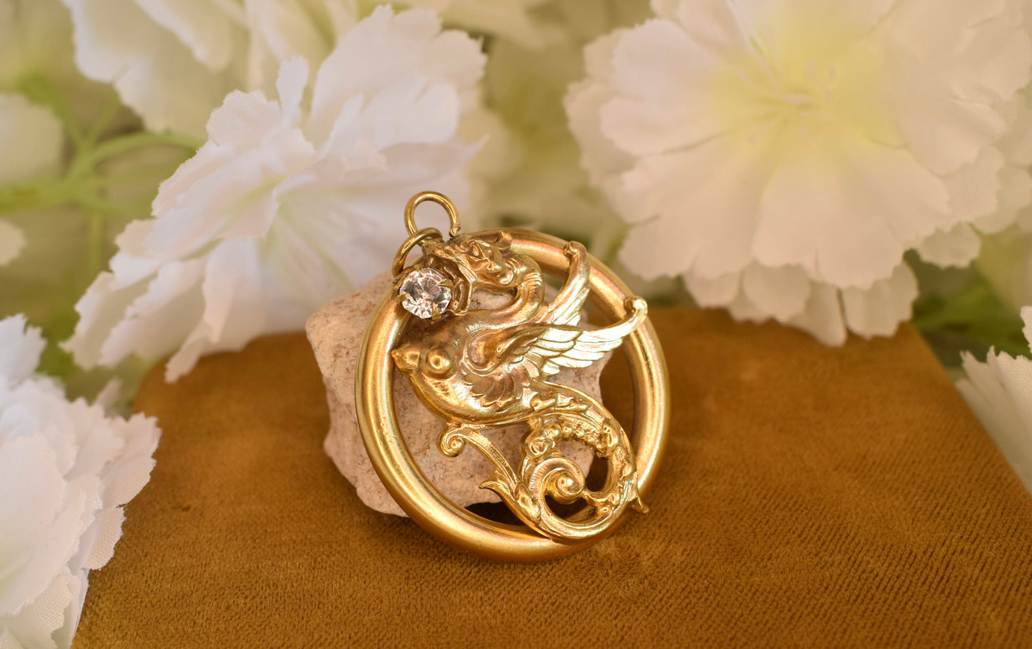 Large Gold-Plated Art Nouveau Medallion with Chimera Motif, Round Openwork Rhinestone Pendant, Antique Collector's Jewelry 34mm