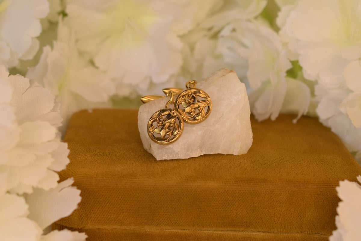 Antique Art Nouveau Cufflinks – Gold Plated – Mistletoe Design – French Cufflinks circa 1900