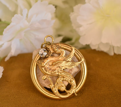 Large Gold-Plated Art Nouveau Medallion with Chimera Motif, Round Openwork Rhinestone Pendant, Antique Collector's Jewelry 34mm