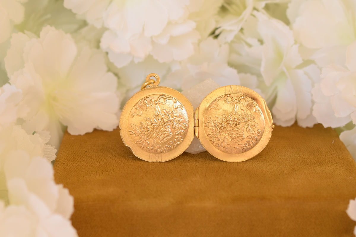 Antique ORIA Gold Filled Photo Locket – French Floral Keepsake Locket – Flower Basket – Belle Époque c.1900-1920