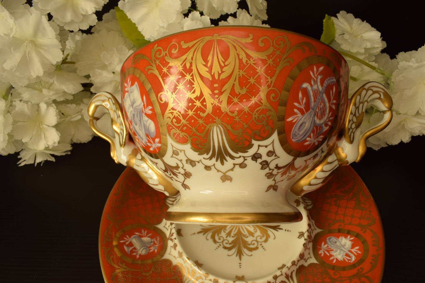 Le Tallec Paris Covered Bouillon Cup & Saucer, Hand Painted Porcelain, Coral Gold Musical Trophies, Tiffany Style, French Antique