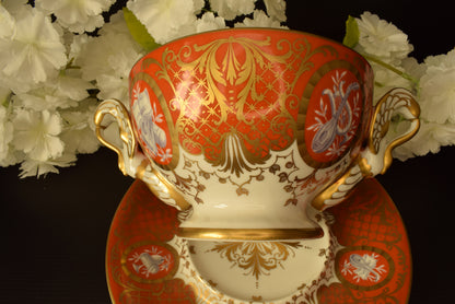 Le Tallec Paris Covered Bouillon Cup & Saucer, Hand Painted Porcelain, Coral Gold Musical Trophies, Tiffany Style, French Antique