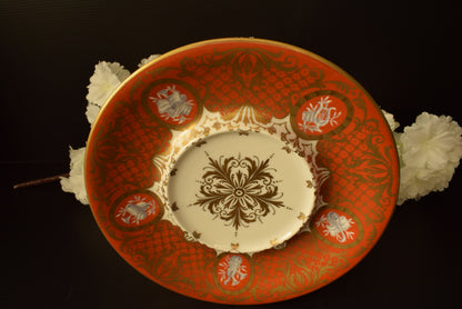 Le Tallec Paris Covered Bouillon Cup & Saucer, Hand Painted Porcelain, Coral Gold Musical Trophies, Tiffany Style, French Antique
