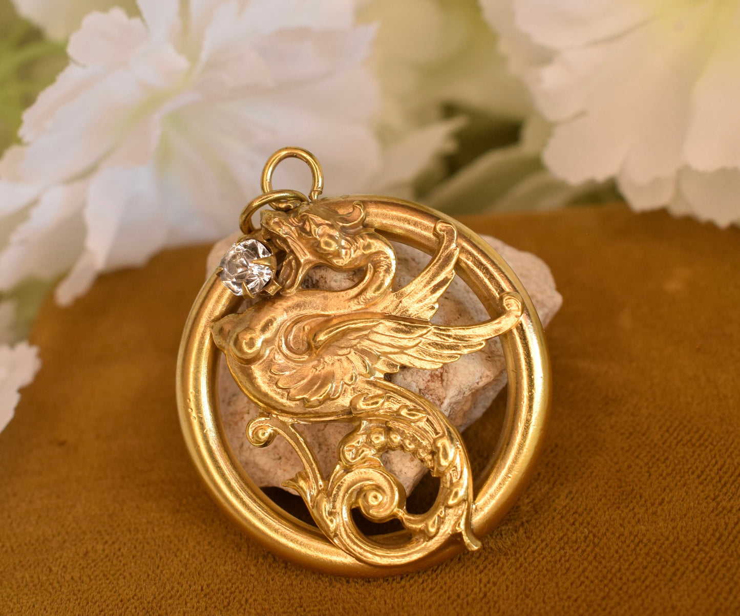 Large Gold-Plated Art Nouveau Medallion with Chimera Motif, Round Openwork Rhinestone Pendant, Antique Collector's Jewelry 34mm