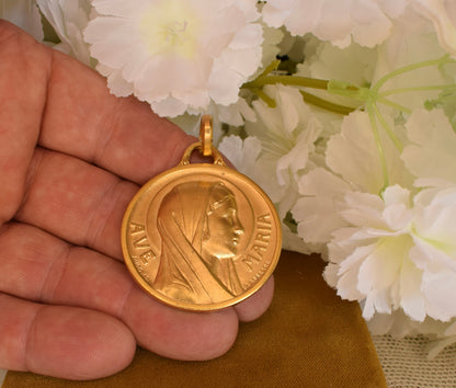 Antique Gold-Plated Ave Maria Medal – Virgin Mary Pendant, French Religious Medallion Signed L. Lasserre Augis – Vintage Catholic Jewelry