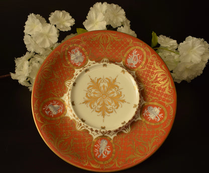 Le Tallec Paris Covered Bouillon Cup & Saucer, Hand Painted Porcelain, Coral Gold Musical Trophies, Tiffany Style, French Antique