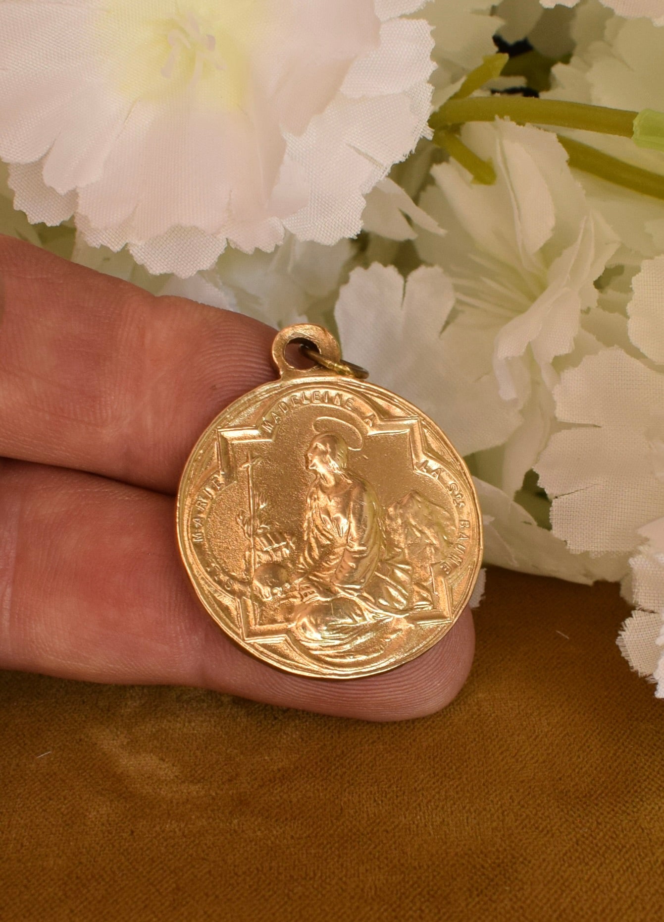 Antique Religious Medal Saint Mary Magdalene Sainte-Baume 19th Century Gilt Bronze Pilgrimage Pendant Provence