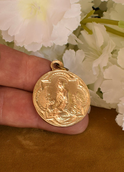 Antique Religious Medal Saint Mary Magdalene Sainte-Baume 19th Century Gilt Bronze Pilgrimage Pendant Provence