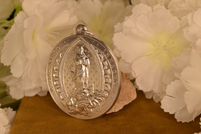 Antique Silvered Bronze Immaculate Virgin Mary Medal – Religious Pendant Gothic Revival Late 19th Early 20th Century – Maria Virgo Immaculata