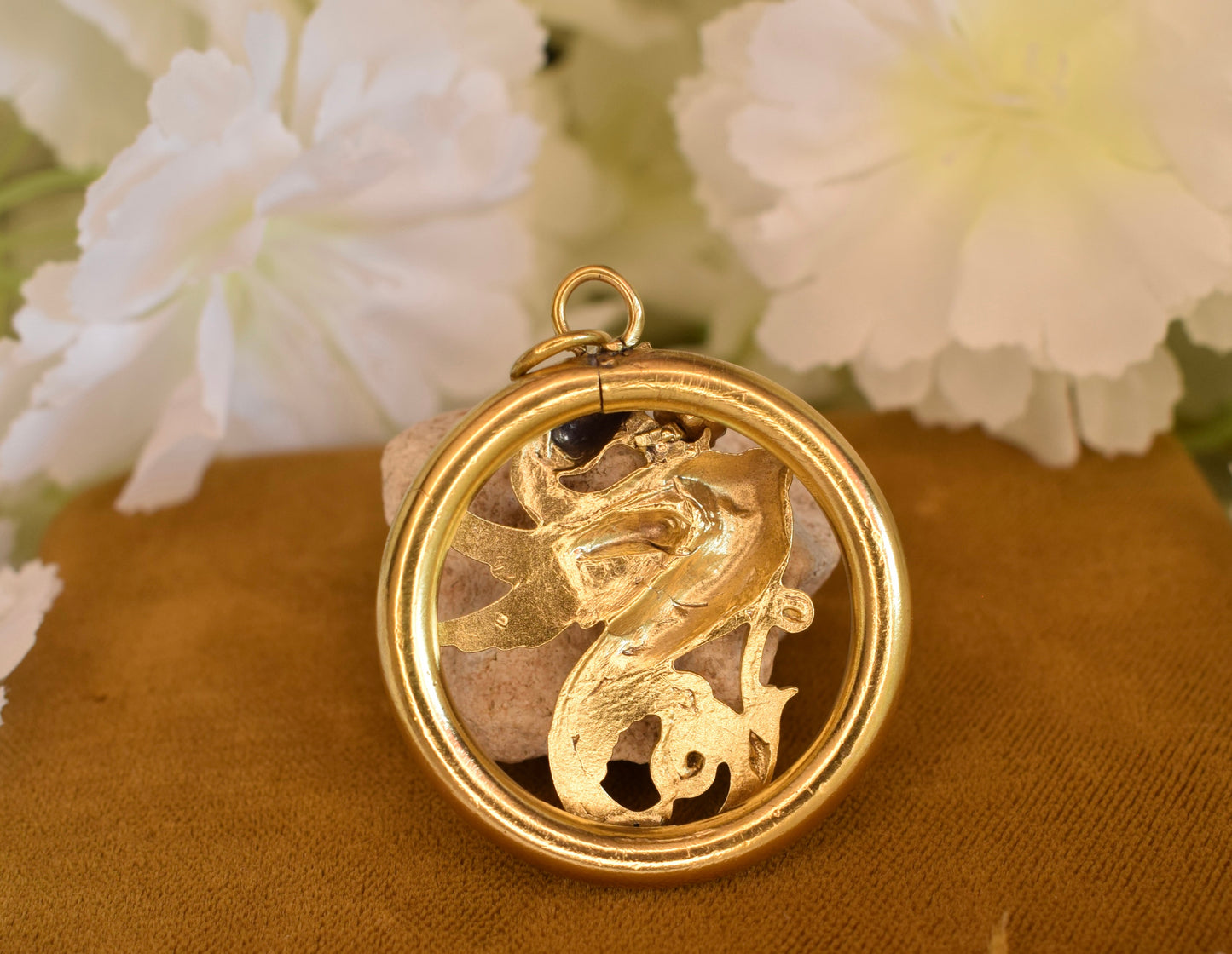 Large Gold-Plated Art Nouveau Medallion with Chimera Motif, Round Openwork Rhinestone Pendant, Antique Collector's Jewelry 34mm