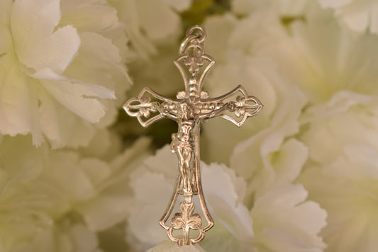 19th Century Solid Silver Crucifix – Hallmarked Openwork Fleur de Lis Cross – Antique Religious Pendant