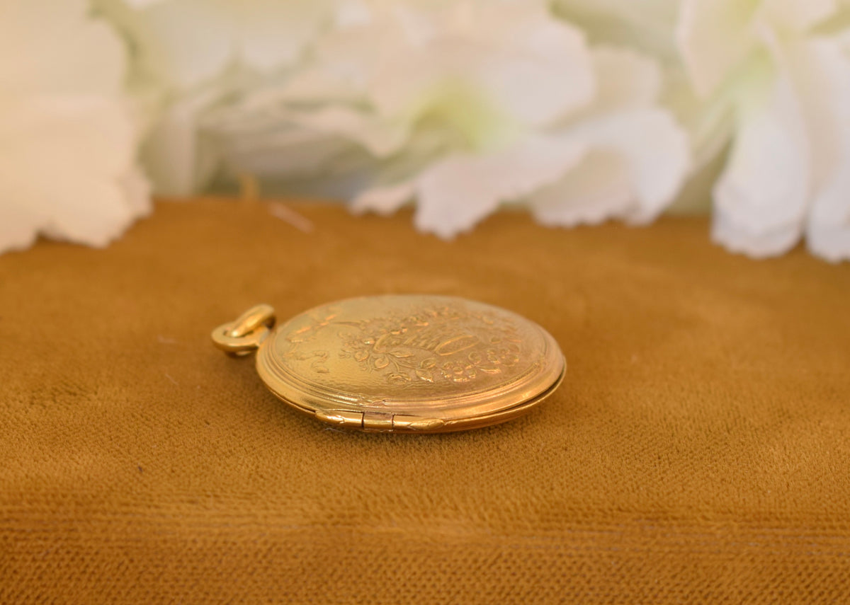 Antique ORIA Gold Filled Photo Locket – French Floral Keepsake Locket – Flower Basket – Belle Époque c.1900-1920