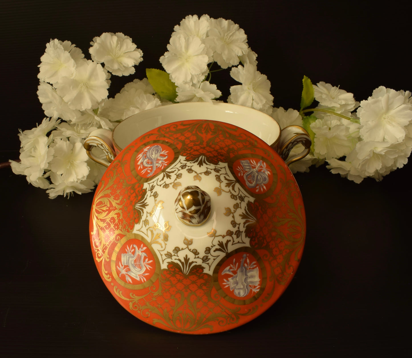 Le Tallec Paris Covered Bouillon Cup & Saucer, Hand Painted Porcelain, Coral Gold Musical Trophies, Tiffany Style, French Antique