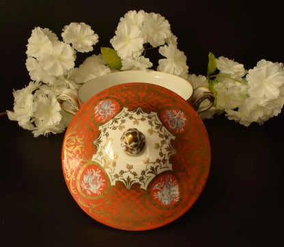 Le Tallec Paris Covered Bouillon Cup & Saucer, Hand Painted Porcelain, Coral Gold Musical Trophies, Tiffany Style, French Antique