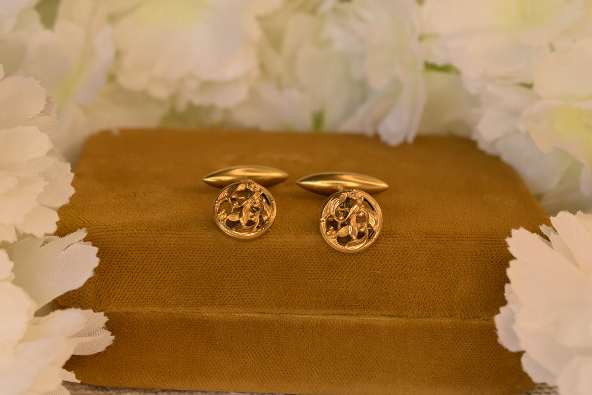 Antique Art Nouveau Cufflinks – Gold Plated – Mistletoe Design – French Cufflinks circa 1900