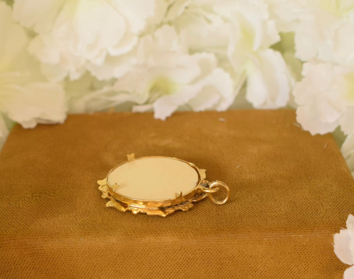 Antique Art Nouveau Photo Locket c.1900 – Gold Plated Brass – Ivy Leaf Design – Domed Glass & Bone Back – French Pendant