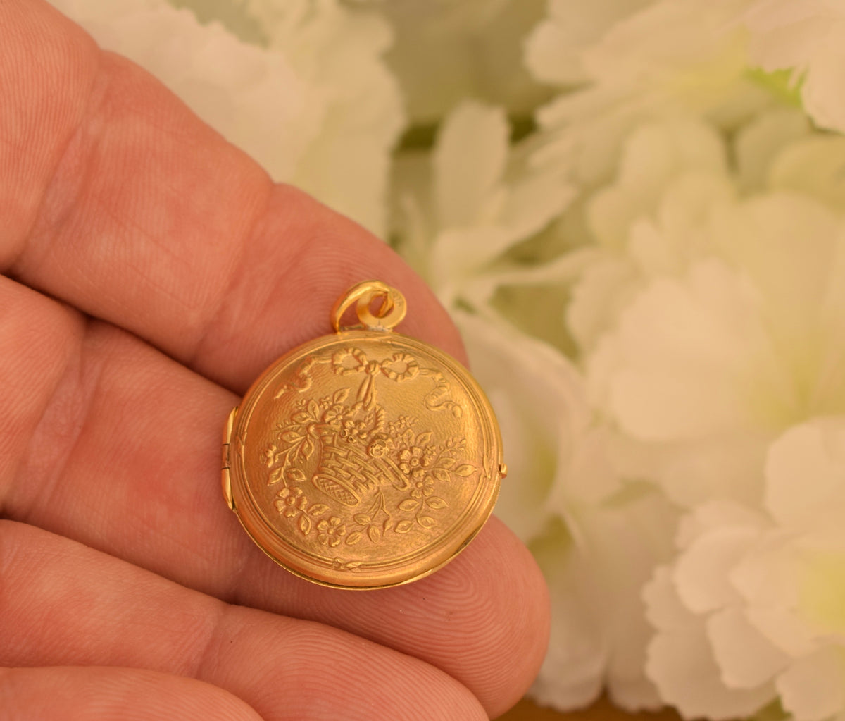 Antique ORIA Gold Filled Photo Locket – French Floral Keepsake Locket – Flower Basket – Belle Époque c.1900-1920