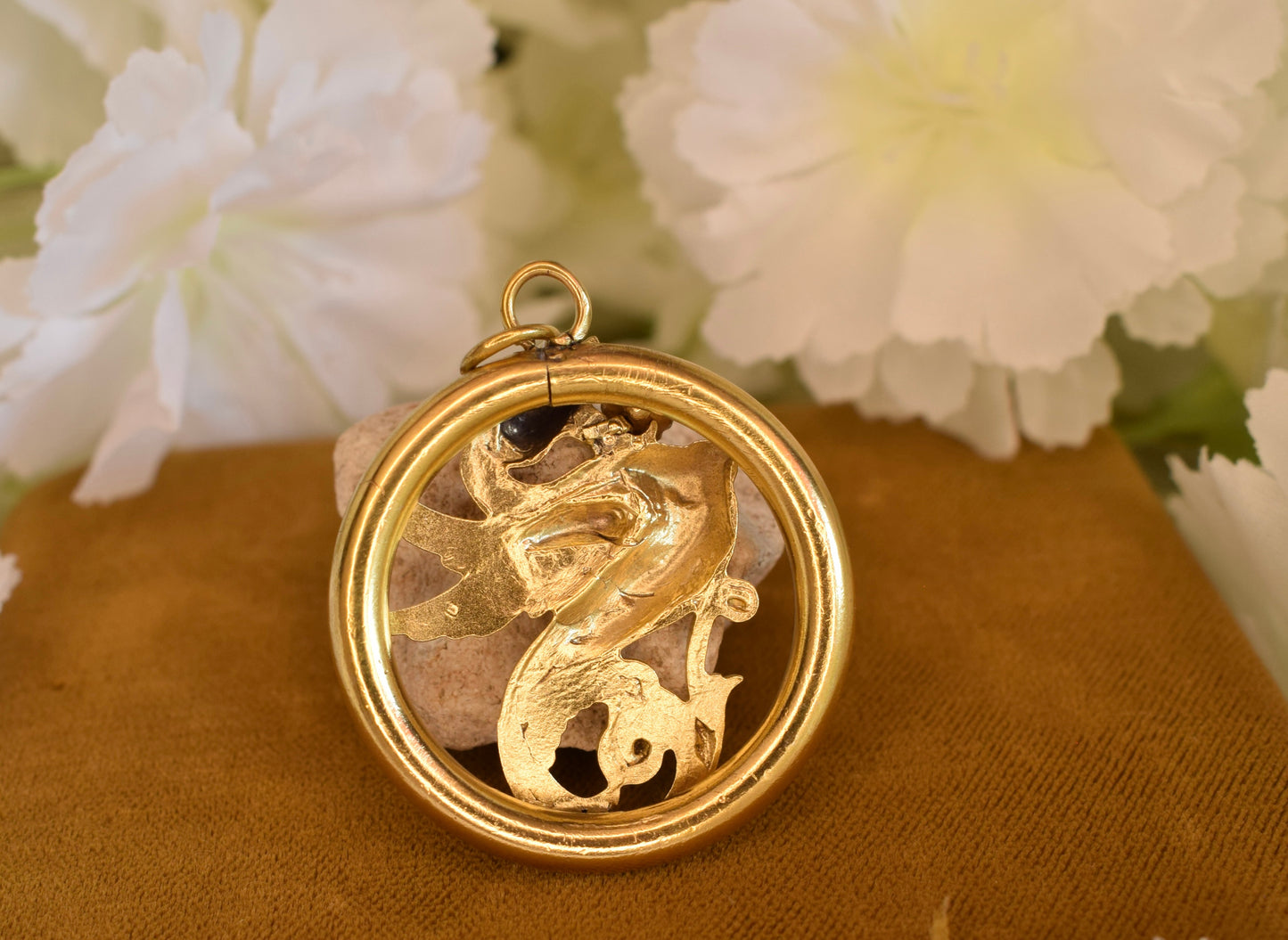 Large Gold-Plated Art Nouveau Medallion with Chimera Motif, Round Openwork Rhinestone Pendant, Antique Collector's Jewelry 34mm