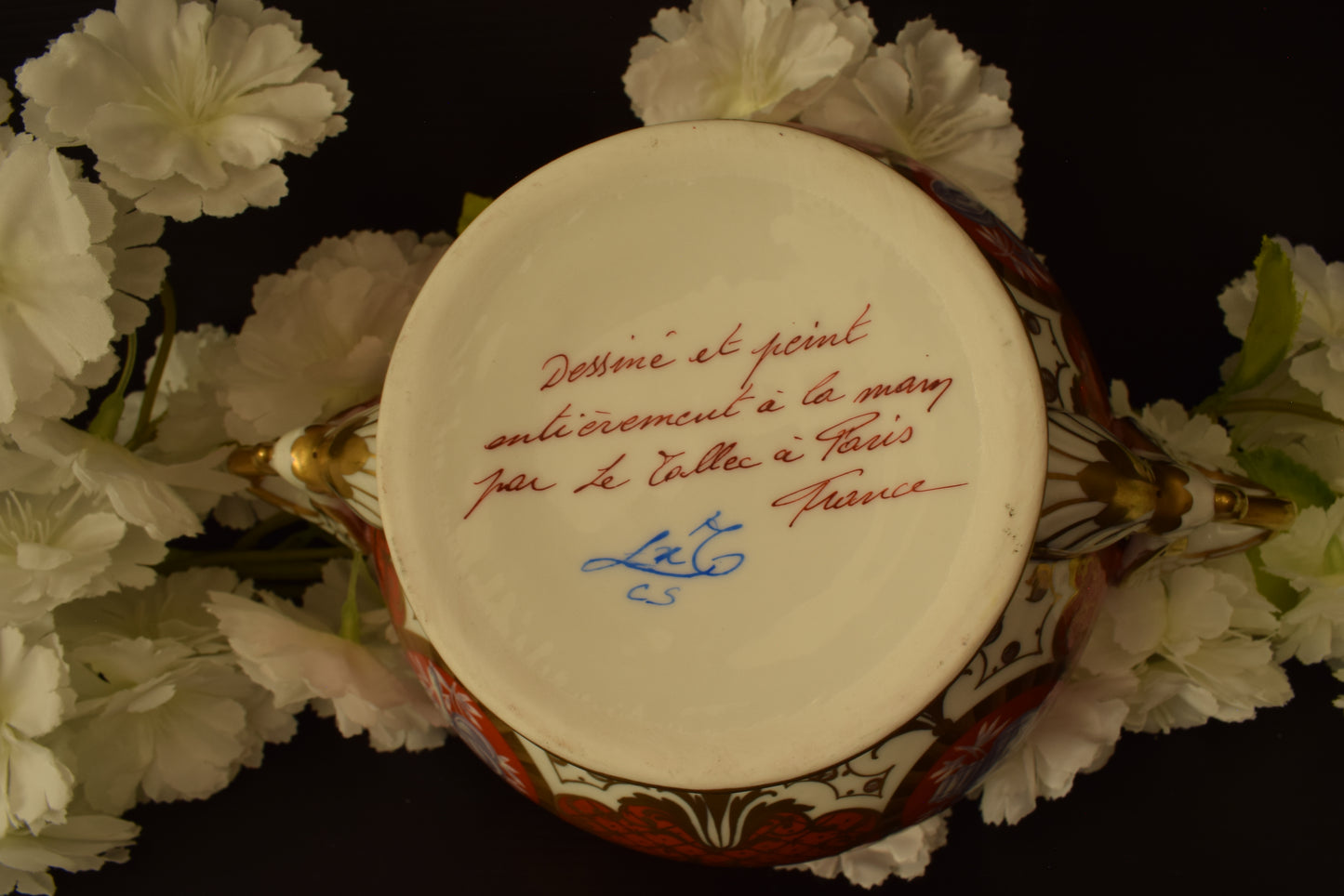 Le Tallec Paris Covered Bouillon Cup & Saucer, Hand Painted Porcelain, Coral Gold Musical Trophies, Tiffany Style, French Antique