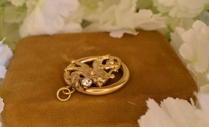 Large Gold-Plated Art Nouveau Medallion with Chimera Motif, Round Openwork Rhinestone Pendant, Antique Collector's Jewelry 34mm