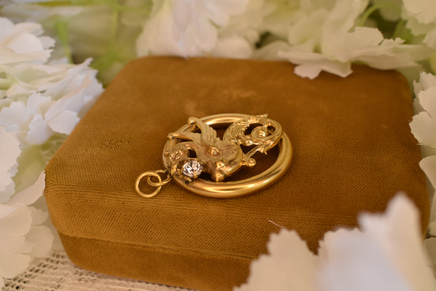 Large Gold-Plated Art Nouveau Medallion with Chimera Motif, Round Openwork Rhinestone Pendant, Antique Collector's Jewelry 34mm