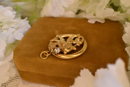 Large Gold-Plated Art Nouveau Medallion with Chimera Motif, Round Openwork Rhinestone Pendant, Antique Collector's Jewelry 34mm
