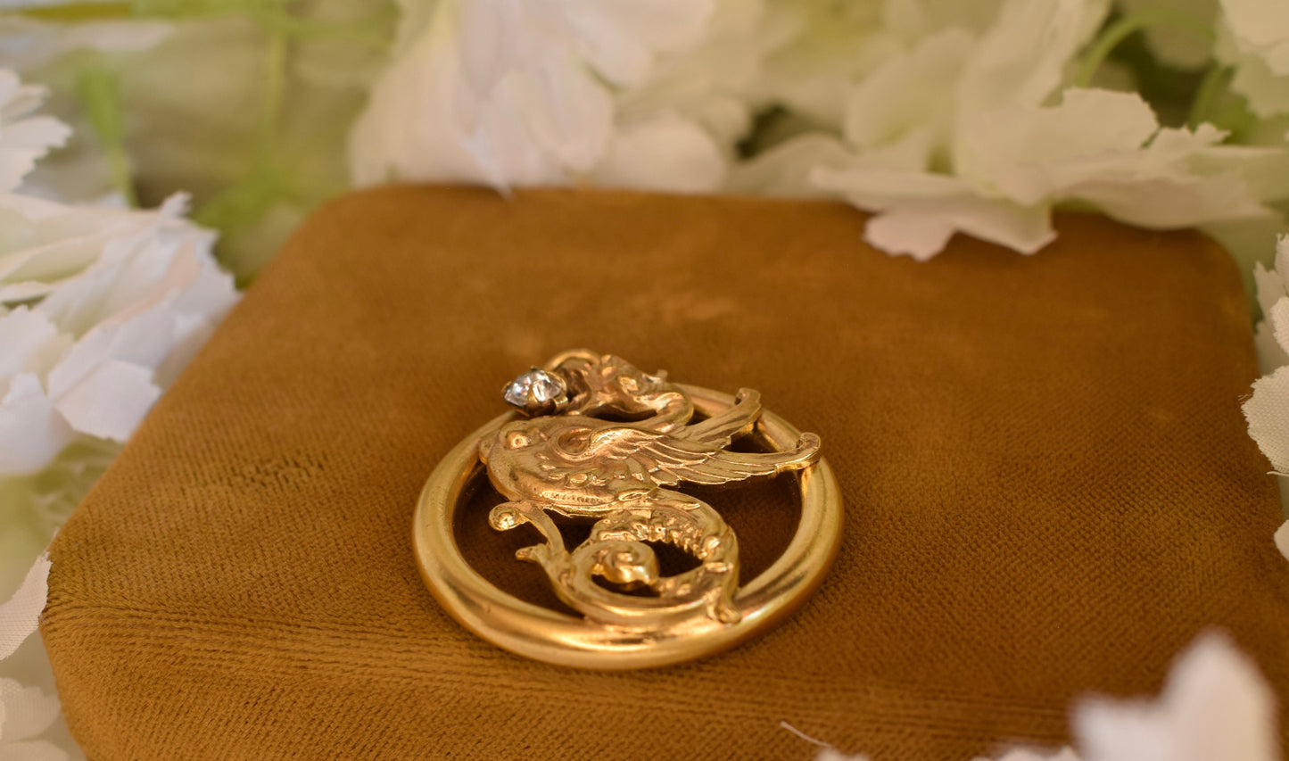 Large Gold-Plated Art Nouveau Medallion with Chimera Motif, Round Openwork Rhinestone Pendant, Antique Collector's Jewelry 34mm