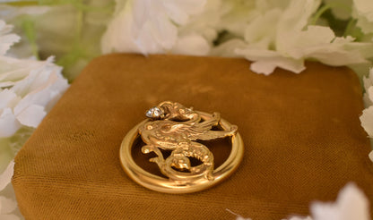 Large Gold-Plated Art Nouveau Medallion with Chimera Motif, Round Openwork Rhinestone Pendant, Antique Collector's Jewelry 34mm