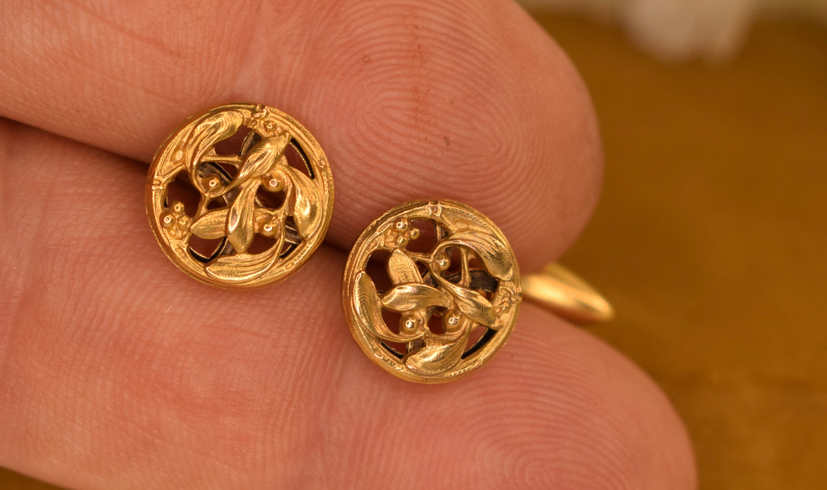 Antique Art Nouveau Cufflinks – Gold Plated – Mistletoe Design – French Cufflinks circa 1900
