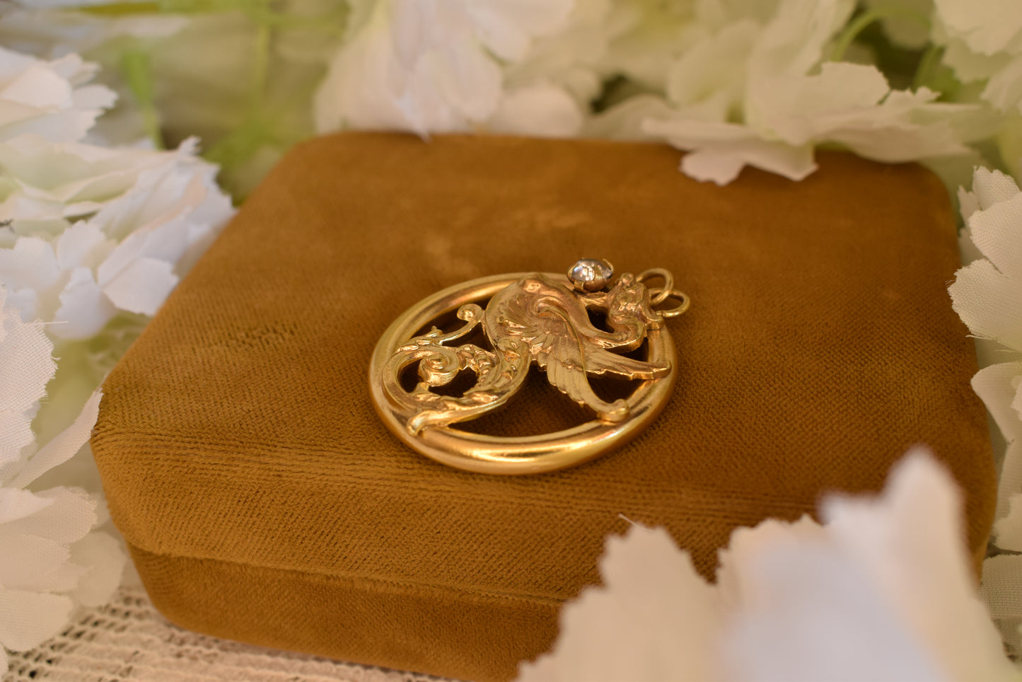 Large Gold-Plated Art Nouveau Medallion with Chimera Motif, Round Openwork Rhinestone Pendant, Antique Collector's Jewelry 34mm