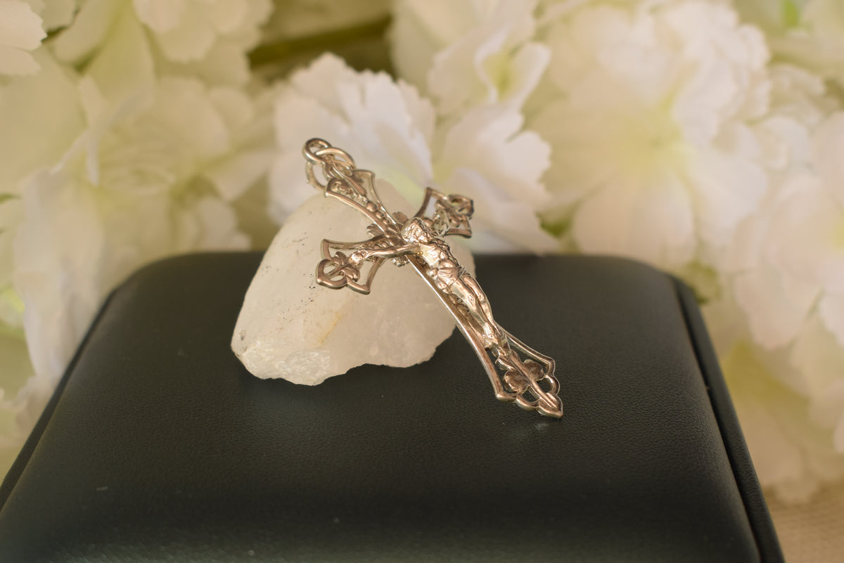 19th Century Solid Silver Crucifix – Hallmarked Openwork Fleur de Lis Cross – Antique Religious Pendant