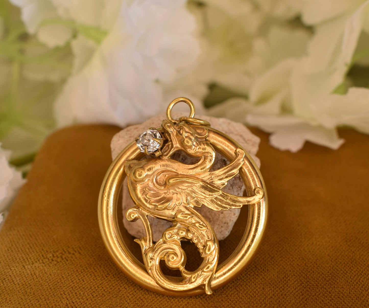 Large Gold-Plated Art Nouveau Medallion with Chimera Motif, Round Openwork Rhinestone Pendant, Antique Collector's Jewelry 34mm