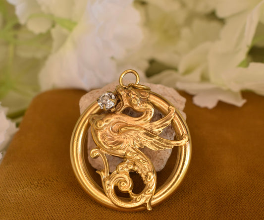 Large Gold-Plated Art Nouveau Medallion with Chimera Motif, Round Openwork Rhinestone Pendant, Antique Collector's Jewelry 34mm