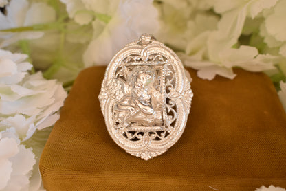Cherub Angel Oval Medallion Pendant, Silver-Plated Metal, Openwork Filigree Baroque Renaissance Revival Style, Vintage Jewelry