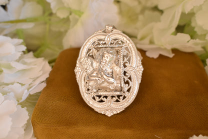 Cherub Angel Oval Medallion Pendant, Silver-Plated Metal, Openwork Filigree Baroque Renaissance Revival Style, Vintage Jewelry