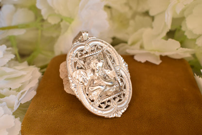 Cherub Angel Oval Medallion Pendant, Silver-Plated Metal, Openwork Filigree Baroque Renaissance Revival Style, Vintage Jewelry