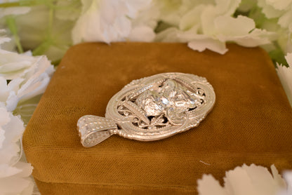 Cherub Angel Oval Medallion Pendant, Silver-Plated Metal, Openwork Filigree Baroque Renaissance Revival Style, Vintage Jewelry