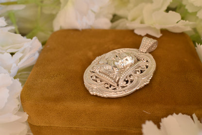 Cherub Angel Oval Medallion Pendant, Silver-Plated Metal, Openwork Filigree Baroque Renaissance Revival Style, Vintage Jewelry