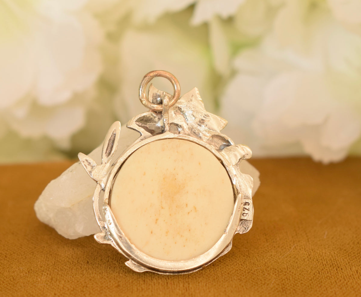 Antique Art Nouveau Sterling Silver 925 Photo Locket Pendant, Floral Design, Glass and Bone Back, C.1900