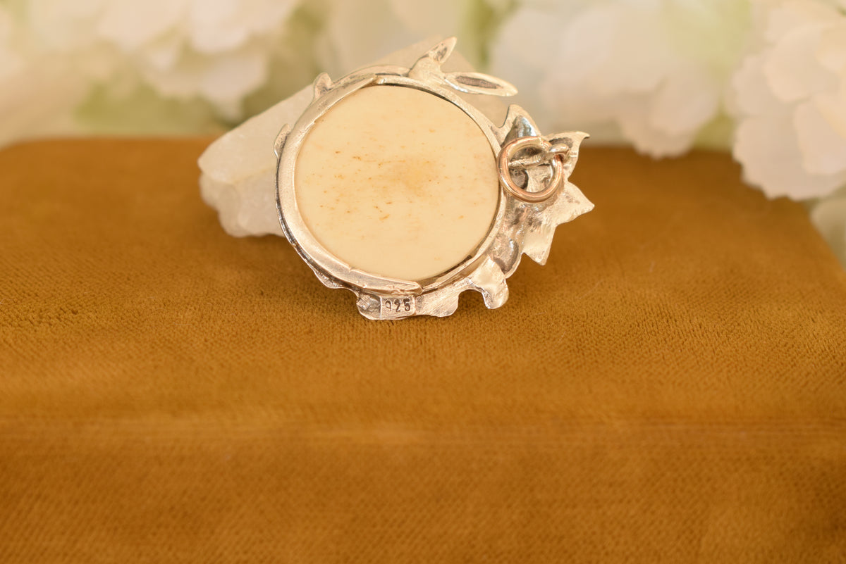 Antique Art Nouveau Sterling Silver 925 Photo Locket Pendant, Floral Design, Glass and Bone Back, C.1900