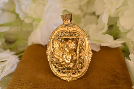Cherub Angel Oval Medallion Pendant, Gold-Plated Metal, Openwork Filigree Baroque Renaissance Revival Style, Vintage Jewelry